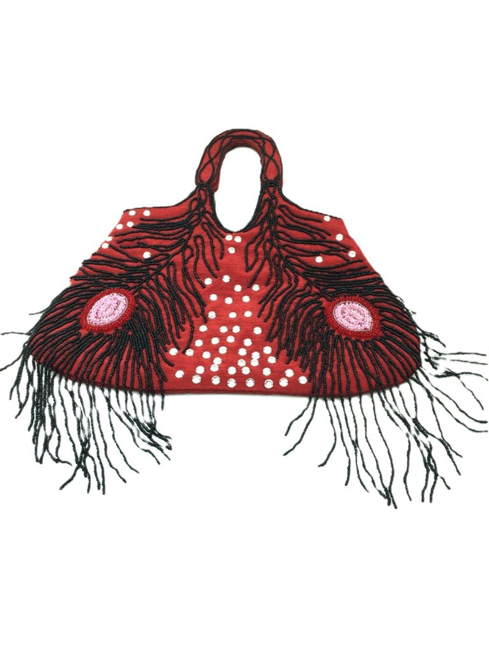 Boho Red Black Peacock Feather Beaded Fringed Handbag Purse Sequin Embellished